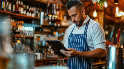focused bearded man in a blue striped apron using a tablet in a bar setting