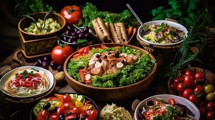 Various fresh vegetables and herbs are arranged on the table. Concept: Healthy food for diet menu. Vitamins and microelements. Banner