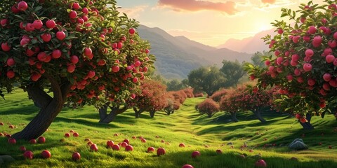 Japanese orchard with apple trees, Generative AI - obrazy, fototapety, plakaty
