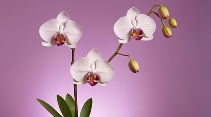 Fototapeta na wymiar elegant orchid display showcasing a symphony of white blossoms with magenta centers, sprouting buds, and lush green leaves against a vibrant magenta background