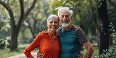 elderly couple hugging on a walk in the park Generative AI