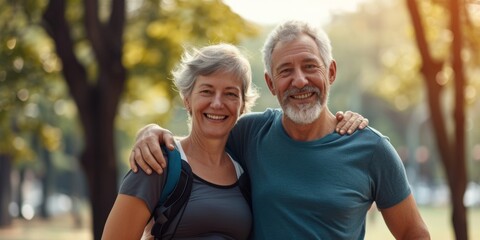 elderly couple hugging on a walk in the park Generative AI