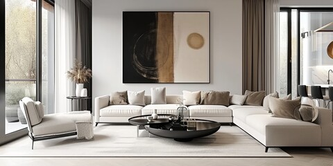 Luxurious, modern and bright living room with a clean, stylish design featuring nude and black accents, Generative AI