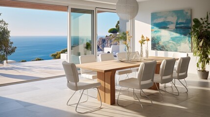 Seaside Elegance: Mediterranean Interior Design in a Modern Dining Room of a Villa with Stunning Sea View - Coastal Chic