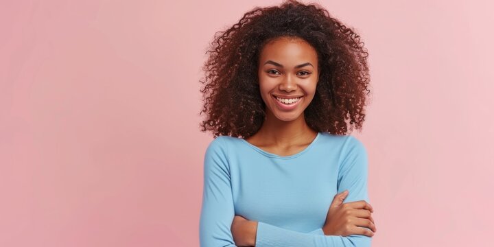 African American Woman crossed her arms over her chest on a pink background Generative AI