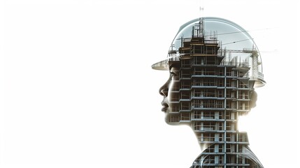 Double exposure image of construction worker holding safety helmet and background of surreal construction site in the city.