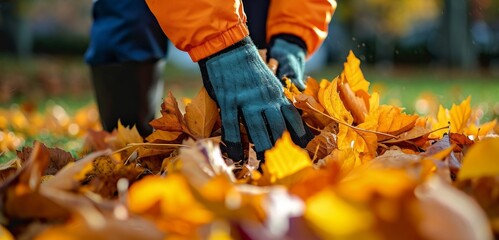 Man in gloves gathers and folds autumn leaves. Leaf collection on the lawn. Volunteering, cleaning, and ecology. Cleaning idea, Generative AI