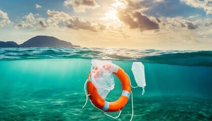 ocean plastic pollution concept with plastic waist and lifebuoy floating in the ocean or sea - obrazy, fototapety, plakaty