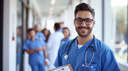 smiling male healthcare professional in blue scrubs with glasses and a stethoscope