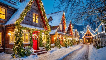 traditional houses decorated with christmas garlands and lights