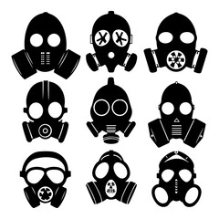 Respirator gas mask silhouette set. Protective mask hand made vector illustration