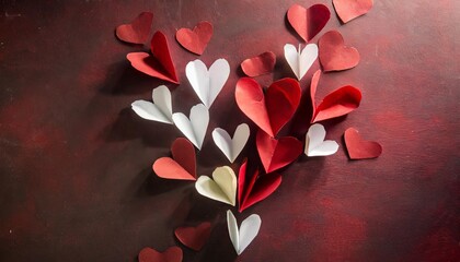 love and valentine s day concept made from paper hearts on dark red background