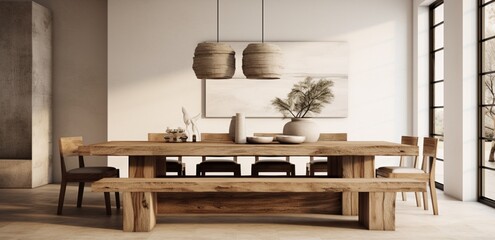 Sleek Minimalism: Modern Dining Room with Rustic Furniture for a Contemporary Interior Design Vibe