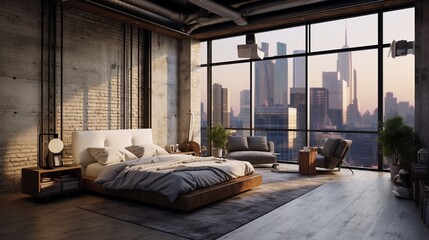 Sleek Loft Aesthetics: Minimalist Interior Design in a Modern Bedroom Featuring Panoramic Windows - Urban Sophistication