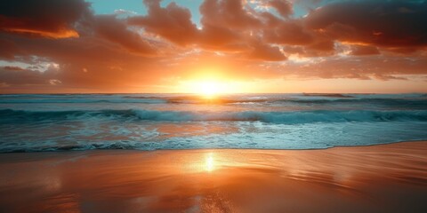 Fototapeta na wymiar red sunset on the seashore Generative AI