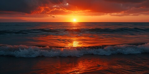 Fototapeta na wymiar red sunset on the seashore Generative AI