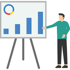Financial data analysis report, statistical or economic research concept, businessmen presenting graphs and charts on board in meeting. flat vector illustration on a white background.