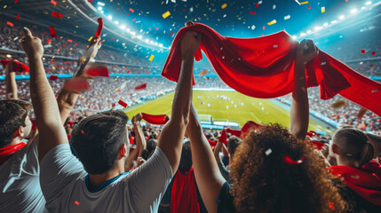 crowded sports stadium with a vibrant atmosphere, where spectators are holding up red scarves and yellow confetti is flying in the air - obrazy, fototapety, plakaty
