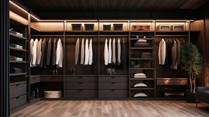 Fototapeta na wymiar Luxury Walk-in Closet: Modern Dark Wooden Wardrobe with Ample Storage for Clothes � Stylish and Organized Interior Design for Your Dressing Room