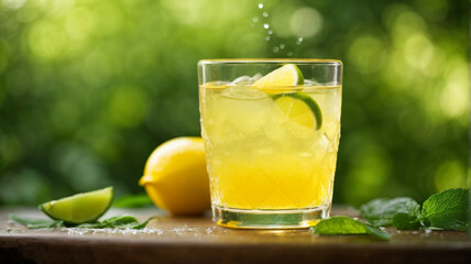 Fototapeta premium Sunshine Fizz: Close-up of a Fresh Yellow Sparkling Drink with Ice and Citrus Zest