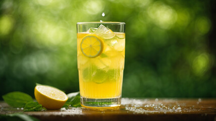 Sunshine Fizz: Close-up of a Fresh Yellow Sparkling Drink with Ice and Citrus Zest

