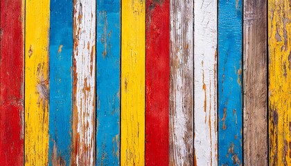 texture of vintage wood boards with cracked paint of white red yellow and blue color horizontal retro background with wooden planks of different colors