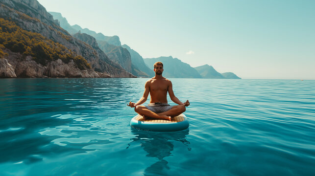 Beautiful fitted man float and doing yoga on sup board at the blue sea