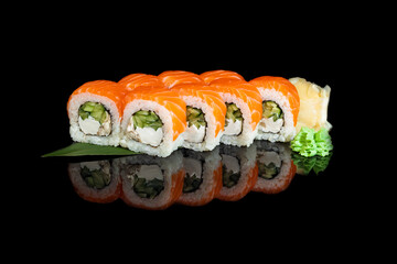 Sushi Sets Uramaki, California, Philadelphia Festive, Against a dark background.