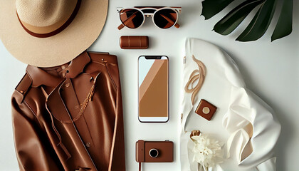 Flatlay mobile phone. Aesthetic elegant blog, online shopping. Fashion composition with female clothes and accessories, Ai generated image