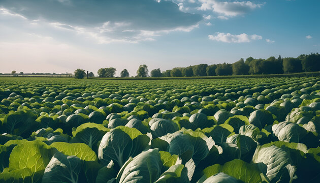 Vast cabbage field in the countryside during summer harvest season for agricultural vegetable crop garden industry concept background