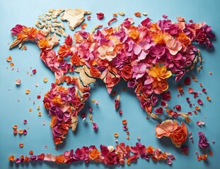 World Map shaped by flowers 