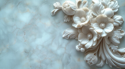 Background in neoclassicism, baroque style, marble wall, framed with white flowers, generated AI