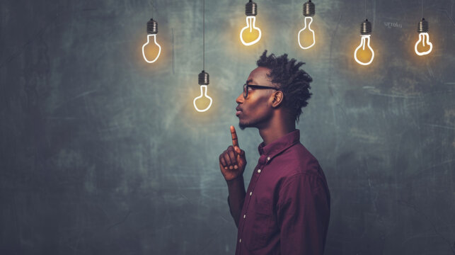 young man in glasses looking upwards and pointing at a series of illustrated light bulbs above him, with one particularly bright and illuminated, symbolizing a bright idea or inspiration