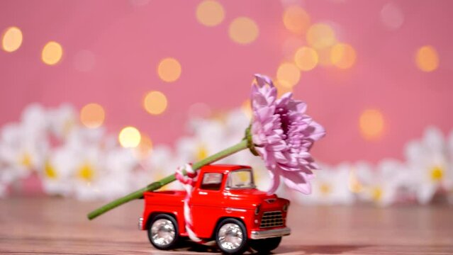 romantic love relationship concept. red truck carrying a big flower in the back of the pickup for delivering bouquet for Valentine's day on pink background with blur flower field and bokeh light