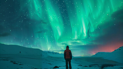 A Solitary Witness to the Celestial Dance. A Traveler Enthralled by the Northern Lights in the Arctic Silence