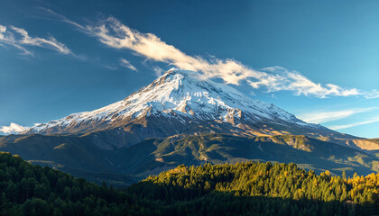 Alpine Splendor: A Snow-Capped Summit Reaches for the Skies Above Verdant Forests Under the Awakening Blue