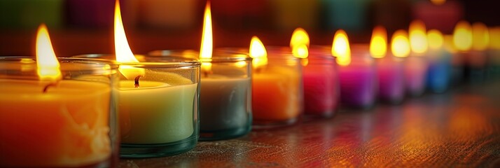 Colorful candles with burning wicks and bright wax