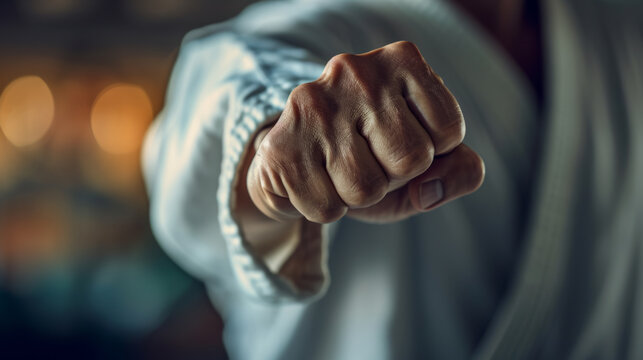 close-up of a martial artist's clenched fist, dressed in a white karate with a black belt
