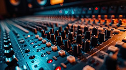 close up sound studio scene. Audio mixing console in a streaming, live broadcast, or recording session