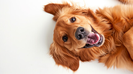 adorable golden retriever looking up at the camera with a happy expression and its tongue out against a white background