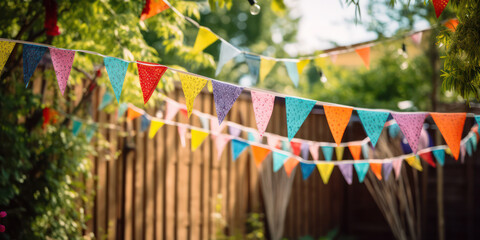 Colorful Summer Celebration: Decorative Blue Flag Hanging, Fun Event Design on Sunny Day - Happy Birthday Bunting