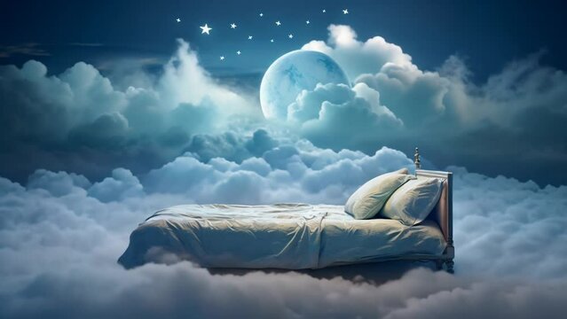 Large double bed with headboard, pillows, and sheets, surrounded by clouds at night with a full moon in the background. Animation with symbol of dreams, imagination, and creativity