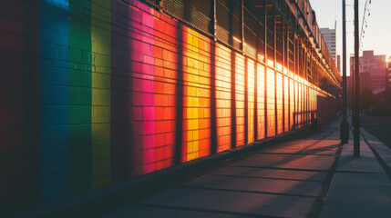 Sunset at city alley with colorful walls