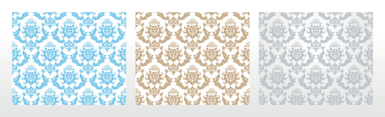 Wallpapers in the style of Baroque. Seamless vector backgrounds. Set of colored floral ornaments. Graphic patterns for fabric, wallpaper, packaging. Ornate Damask flower ornaments
