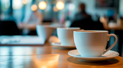 Fototapeta premium Background from cups of coffee or tea on the table in the office in the background with office worker