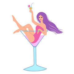 girl in glass of cocktail. Woman relaxing in summer, on party. Vector Illustration for backgrounds and packaging. Image can be used for cards, posters and stickers. Isolated on white background.