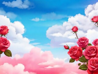 pink roses against blue  cloudy sky