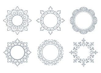 Set of decorative frames Elegant vector element for design in Eastern style, place for text. Floral gray and white borders. Lace illustration for invitations and greeting cards