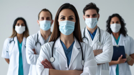 group of healthcare professionals in scrubs and protective masks are standing confidently