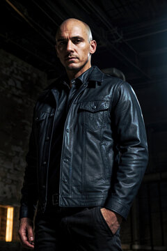A man with a shaved head and goatee, dressed in a black leather jacket and jeans, stands in a dark warehouse with one hand in his pocket.